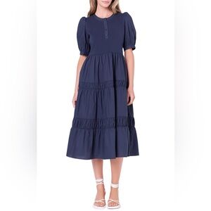 English Factory Navy Puff Sleeve Tiered Midi Dress Pockets Size M